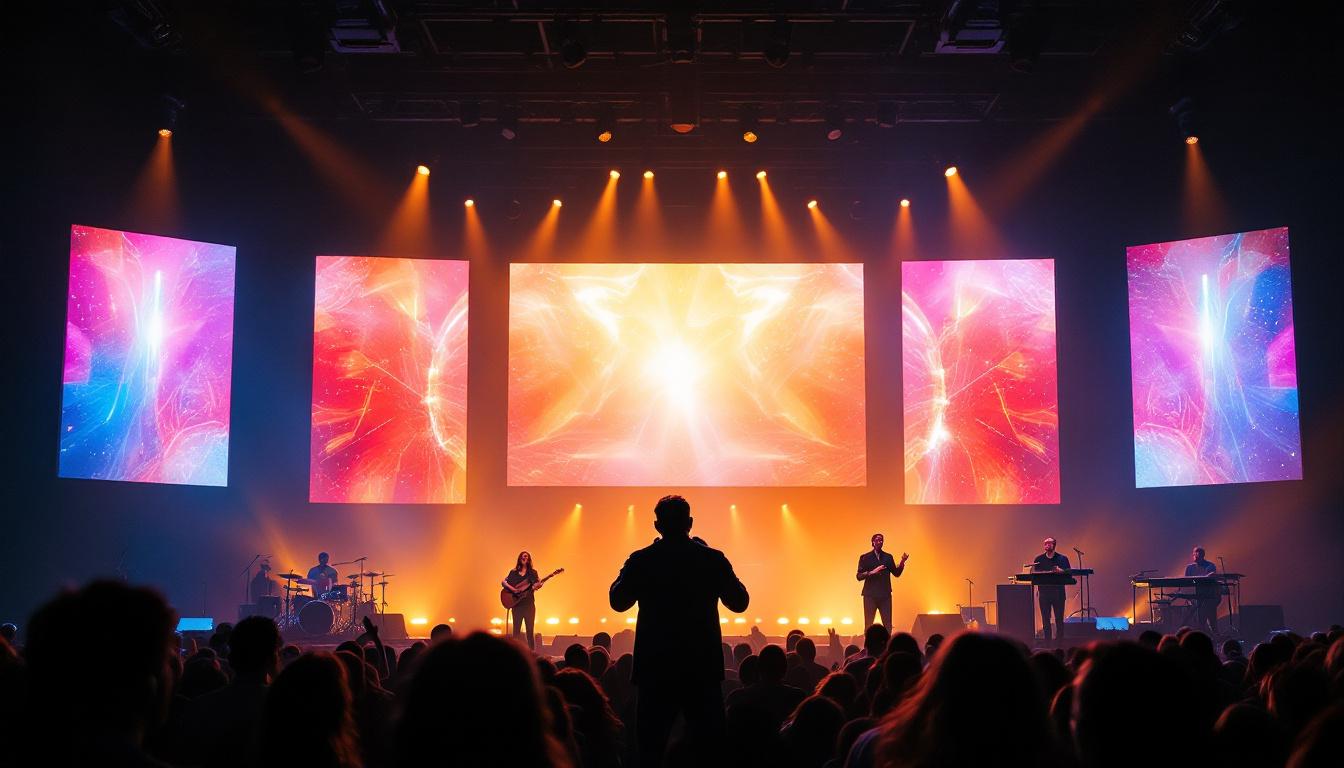 A photograph of capture a photograph of a vibrant church stage featuring an led display backdrop