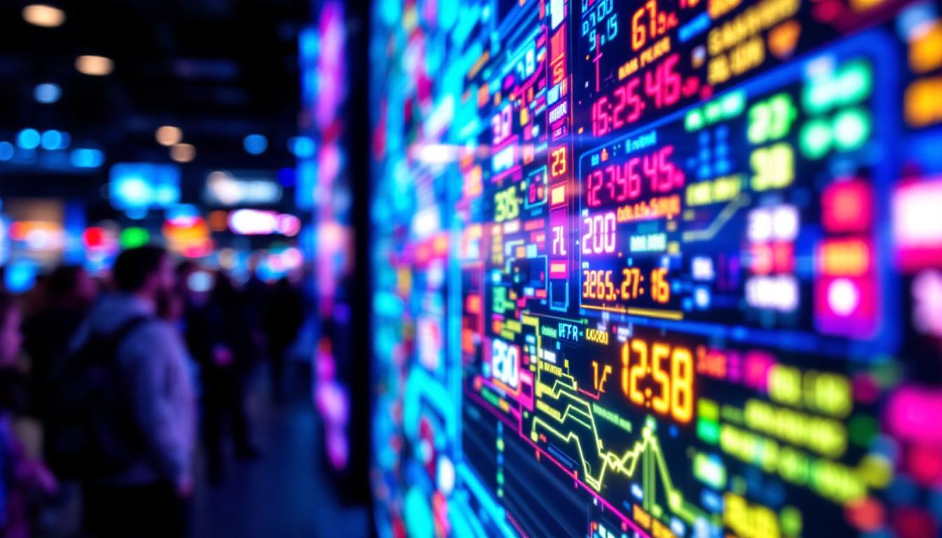 A photograph of a vibrant led display showcasing a colorful array of images or animations