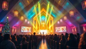 A photograph of a beautifully decorated church interior showcasing an eye-catching led display featuring festive christmas themes