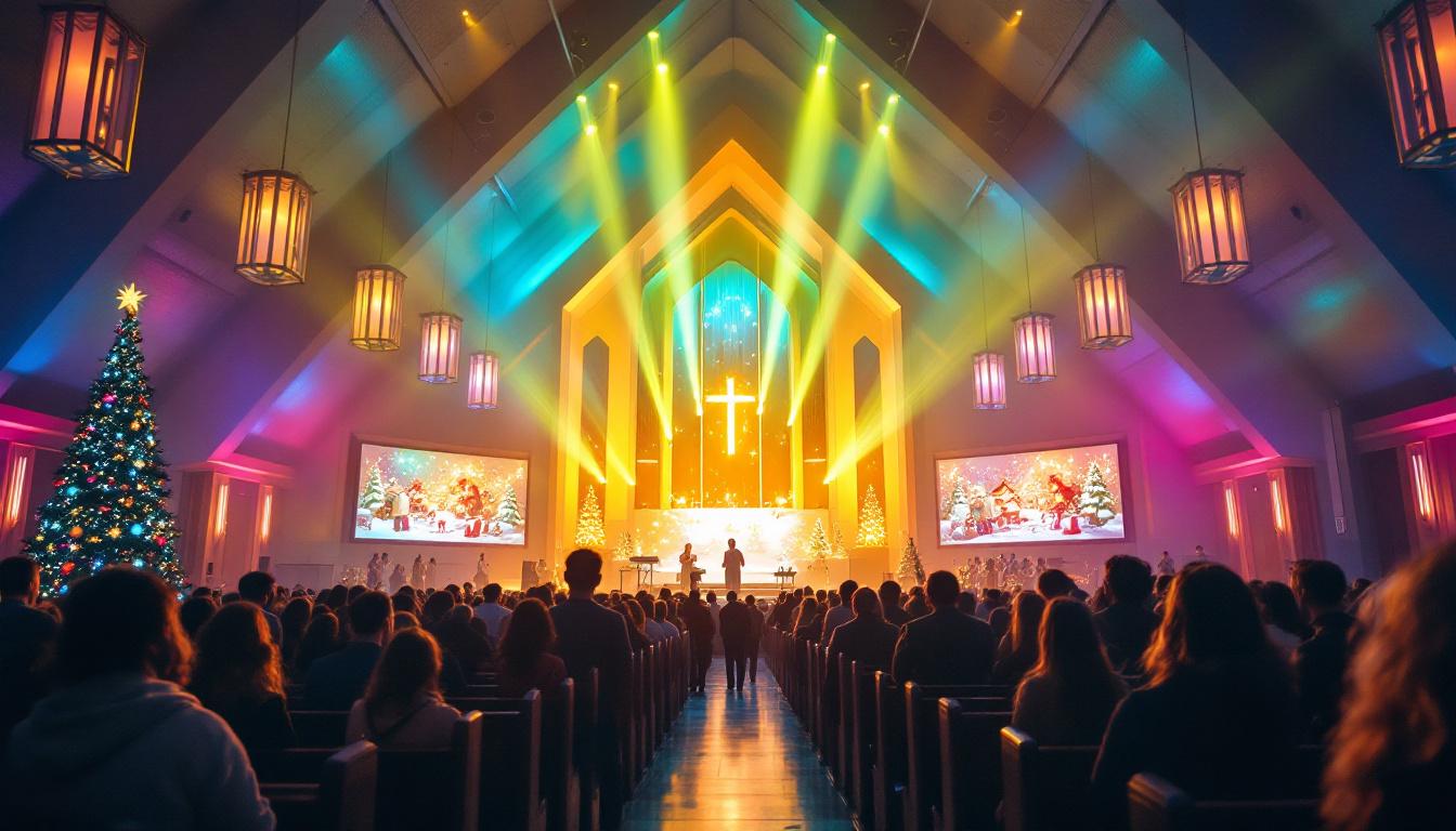 A photograph of a beautifully decorated church interior showcasing an eye-catching led display featuring festive christmas themes