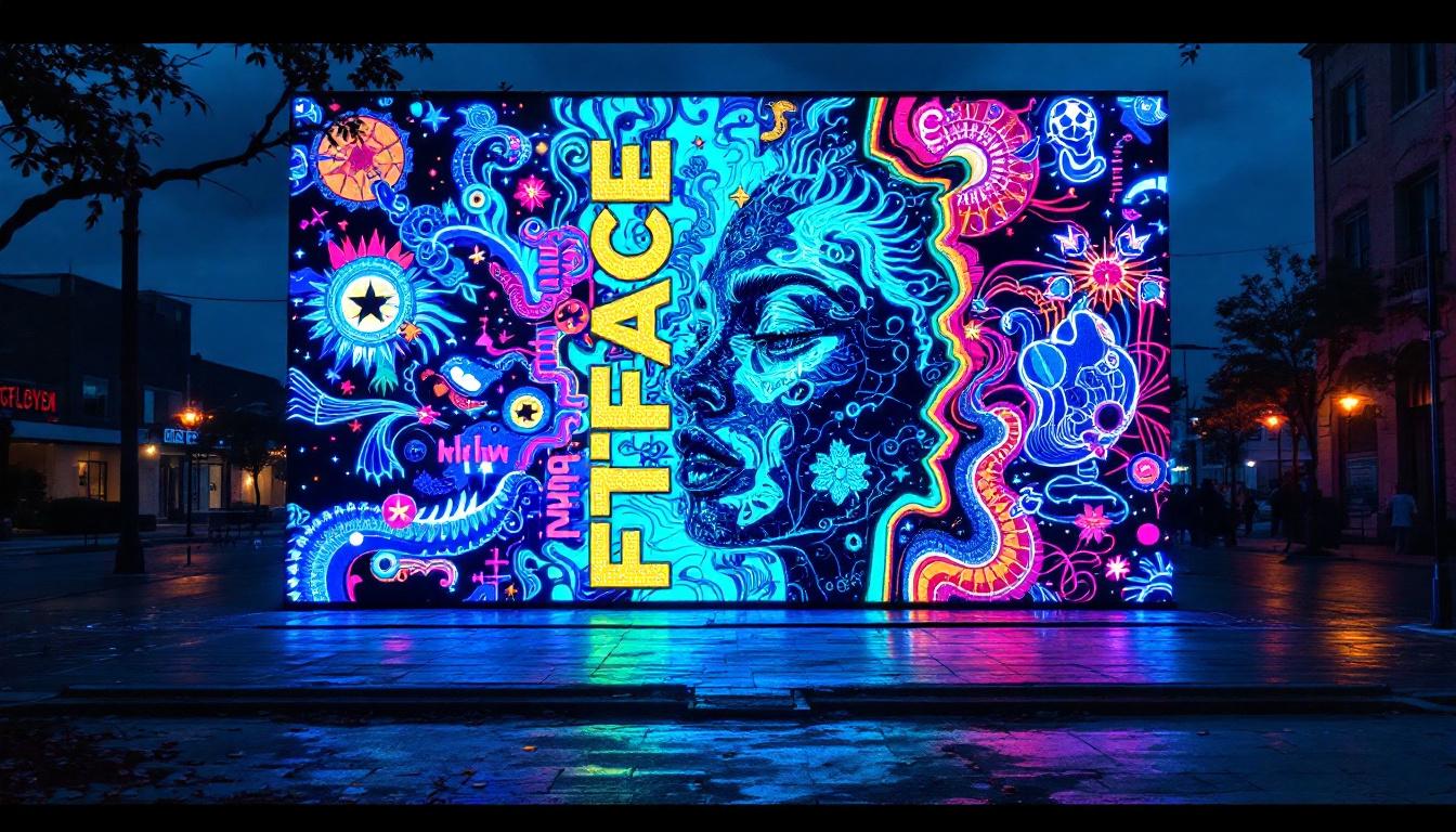 A photograph of capture a photograph of the striking led display featuring the "face on the wall" installation in galveston