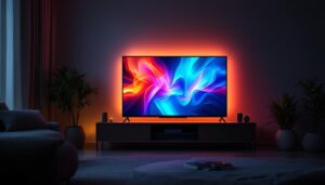 A photograph of a modern led television displaying vibrant colors in a dimly lit room