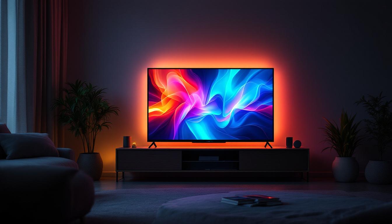 A photograph of a modern led television displaying vibrant colors in a dimly lit room