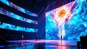 A photograph of a vibrant modernist theater stage illuminated by dynamic led displays