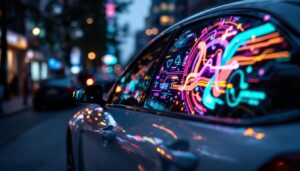 A photograph of capture a photograph of a vibrant car window led display in action