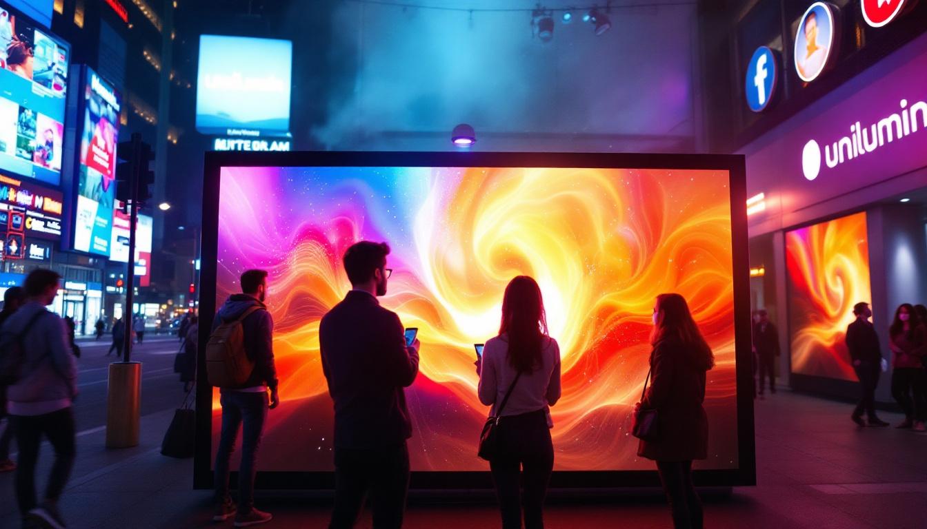 A photograph of capture a photograph of a vibrant unilumin led display in a dynamic urban setting