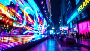 A photograph of a vibrant and dynamic led display in an urban setting