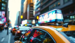 A photograph of a vibrant taxi with a clear