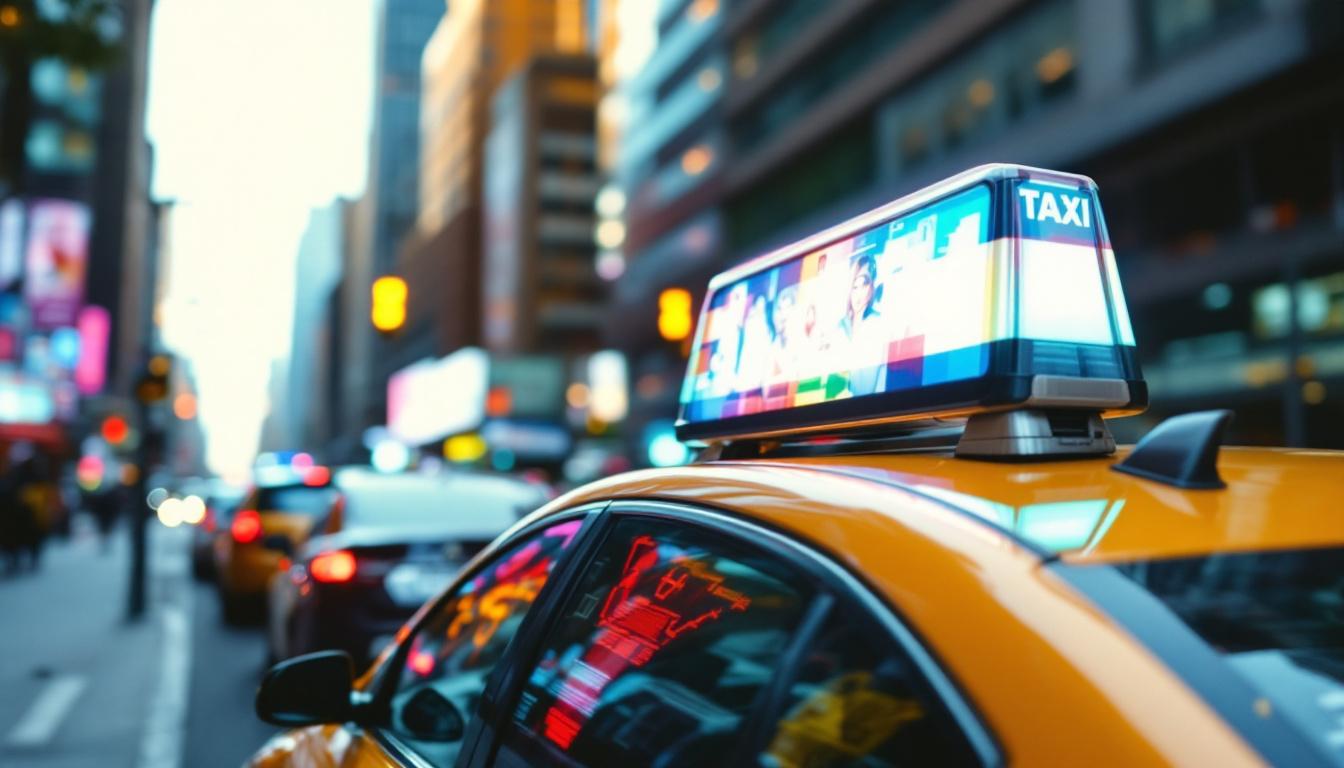 A photograph of a vibrant taxi with a clear
