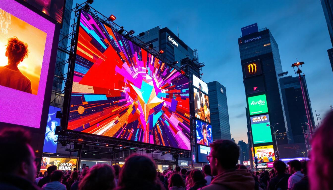 A photograph of capture a photograph of a massive led video screen in a vibrant urban setting