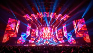 A photograph of a vibrant concert scene showcasing an intricately designed led stage display