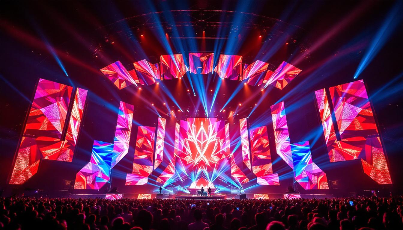 A photograph of a vibrant concert scene showcasing an intricately designed led stage display
