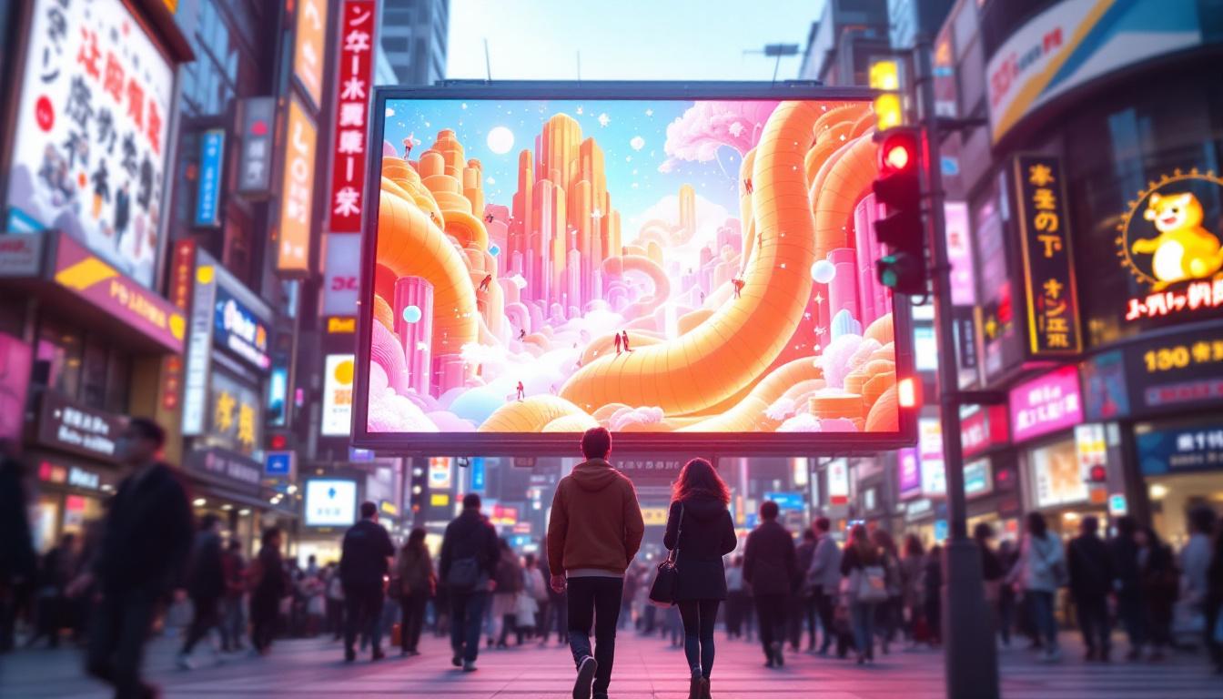 A photograph of capture a photograph of a vibrant 3d led billboard in a bustling urban setting in japan