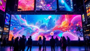 A photograph of a vibrant led display in a bustling urban setting