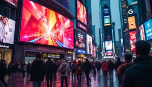 A photograph of a vibrant led display in a bustling urban setting