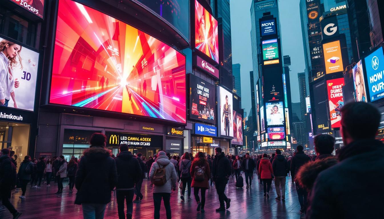 A photograph of a vibrant led display in a bustling urban setting