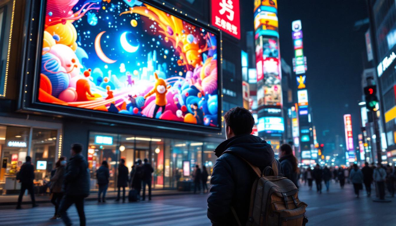 A photograph of capture a photograph of a vibrant 3d led billboard in an urban setting in japan
