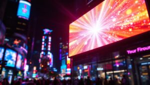 A photograph of a vibrant led display in a dynamic urban setting at night