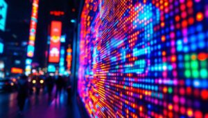 A photograph of a vibrant led display in action