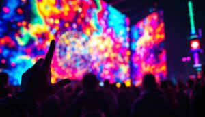 A photograph of a vibrant led display in action