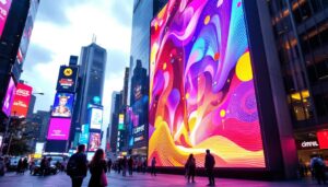 A photograph of a vibrant vertical led display in an urban setting