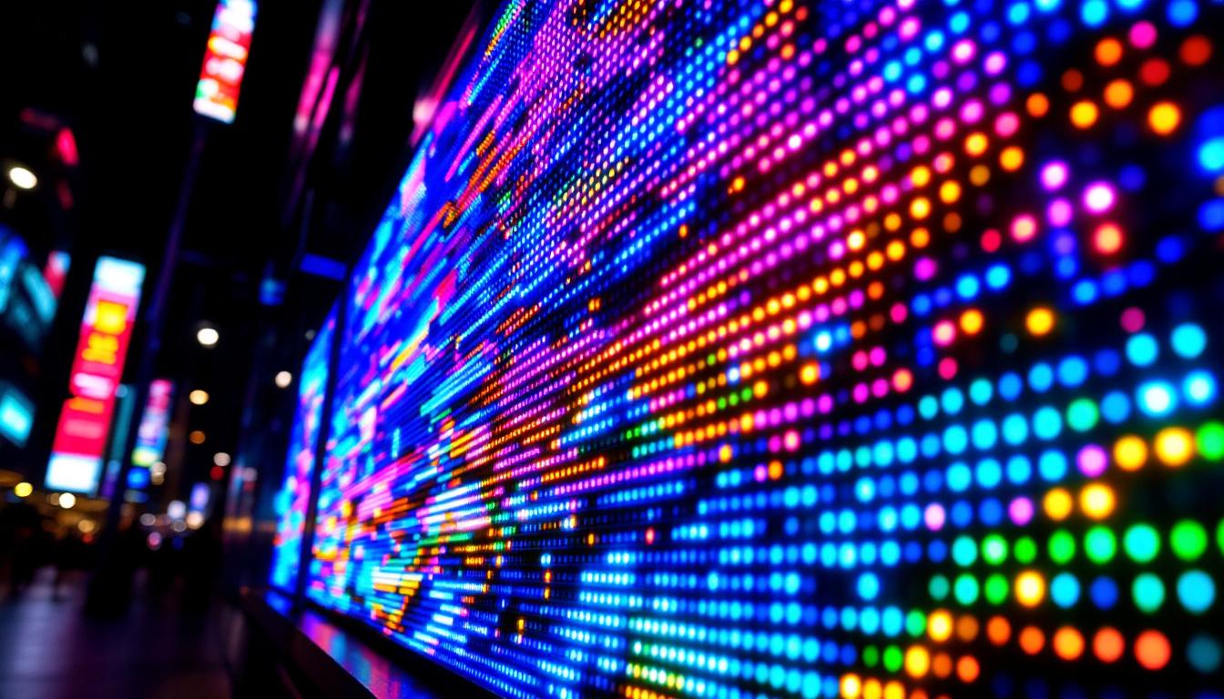 A photograph of capture a photograph of a vibrant led display in an urban setting