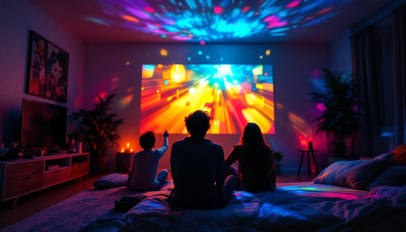 A photograph of a cozy indoor setting featuring a vibrant led projector light in action