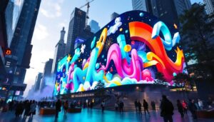 A photograph of a vibrant 3d jumbotron led display in an urban setting