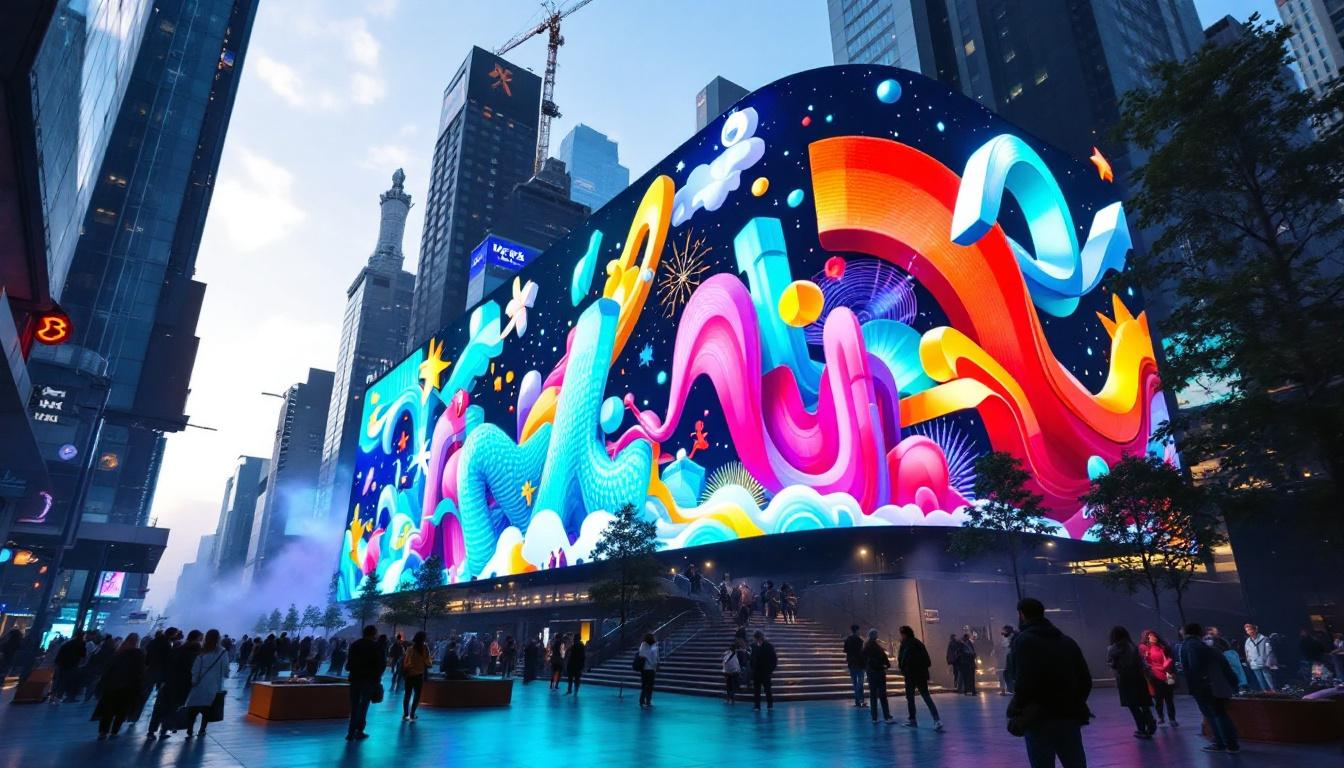 A photograph of a vibrant 3d jumbotron led display in an urban setting