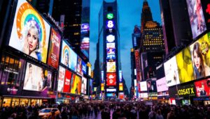 A photograph of capture a photograph of the vibrant led displays in times square at dusk