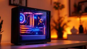 A photograph of a sleek lian li computer case featuring its vibrant led display in action