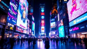 A photograph of a vibrant led display in a bustling urban setting at night