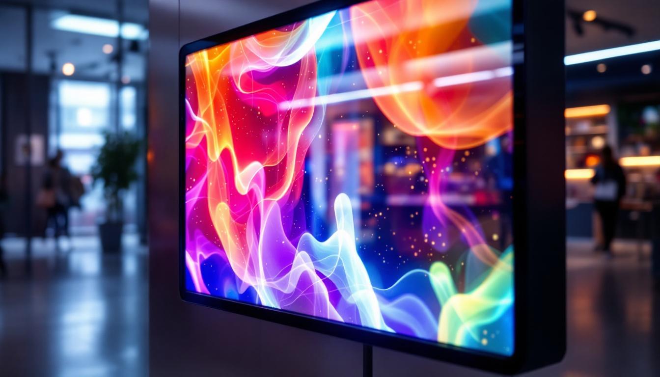 A photograph of a vibrant led panel display in a modern setting
