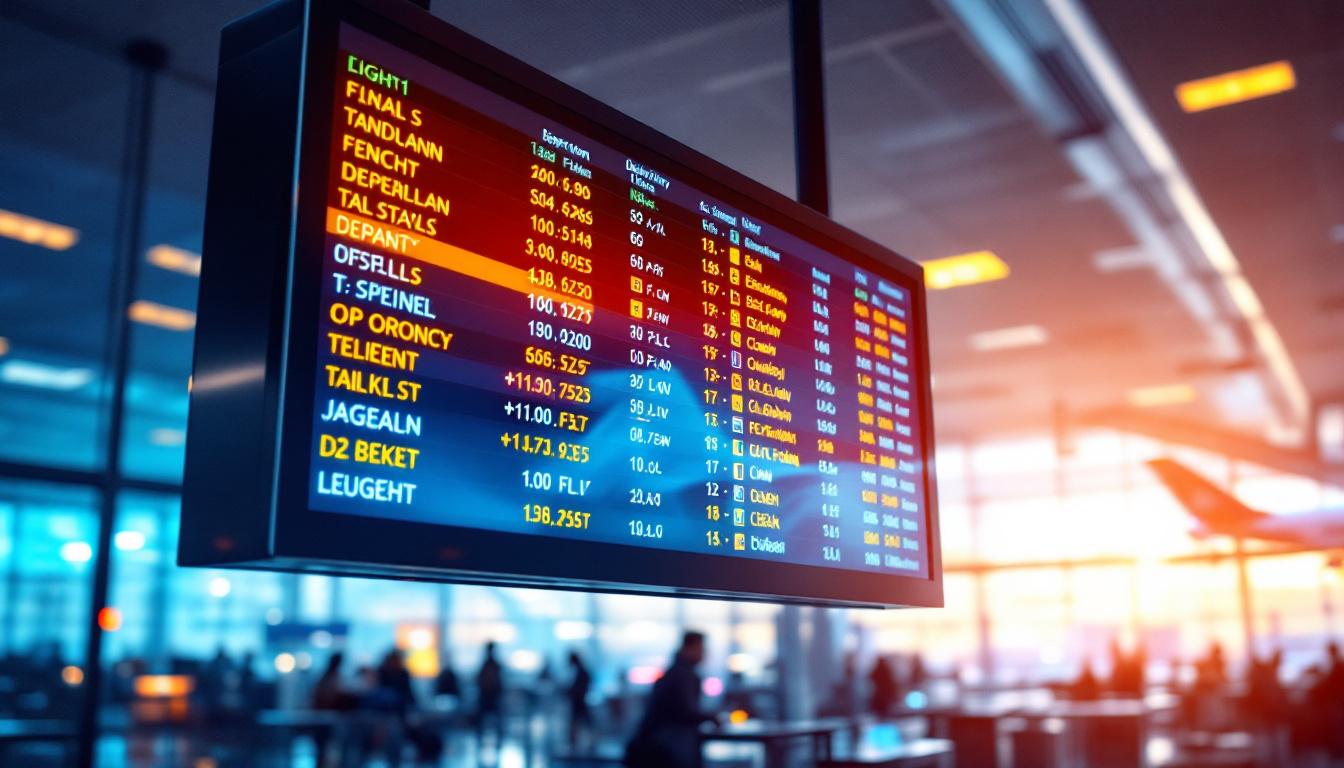 A photograph of capture a photograph of a vibrant airport departure board displaying flight information on an led screen
