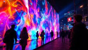 A photograph of a vibrant led display in an urban setting