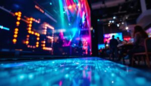 A photograph of a vibrant indoor led display in a business setting