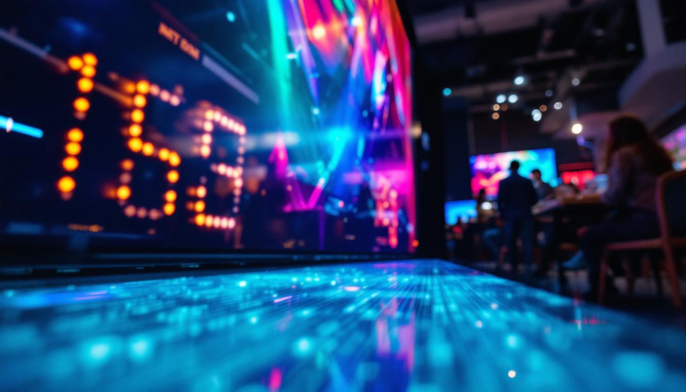 A photograph of a vibrant indoor led display in a business setting