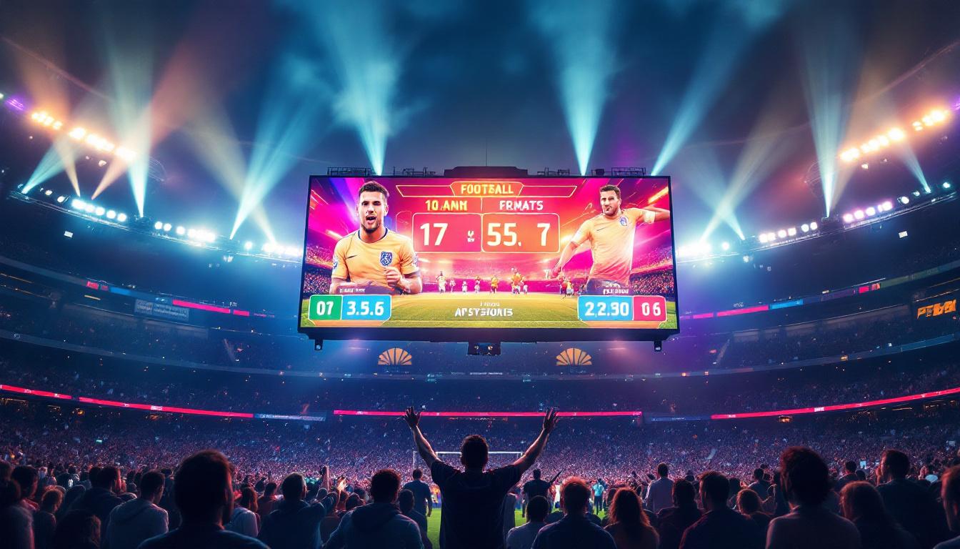 A photograph of a vibrant led football scoreboard in use during a game