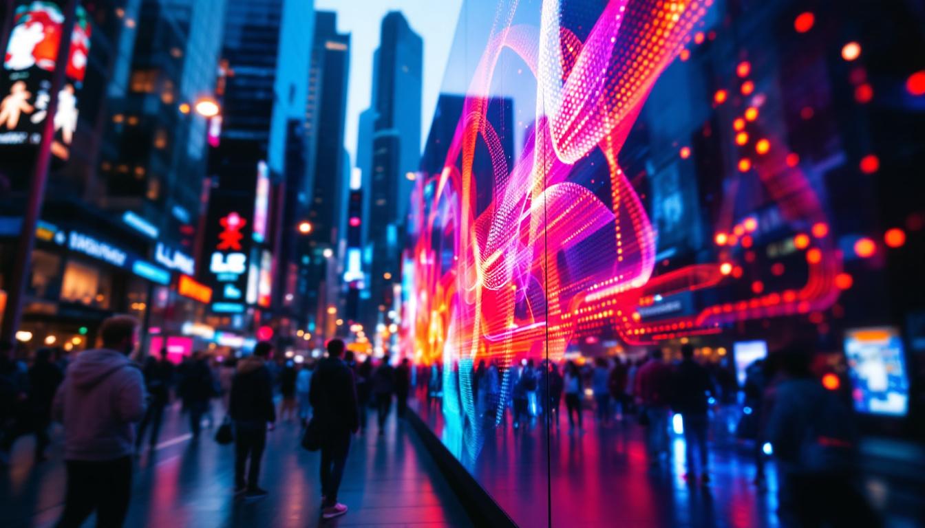 A photograph of a vibrant led display in an urban setting