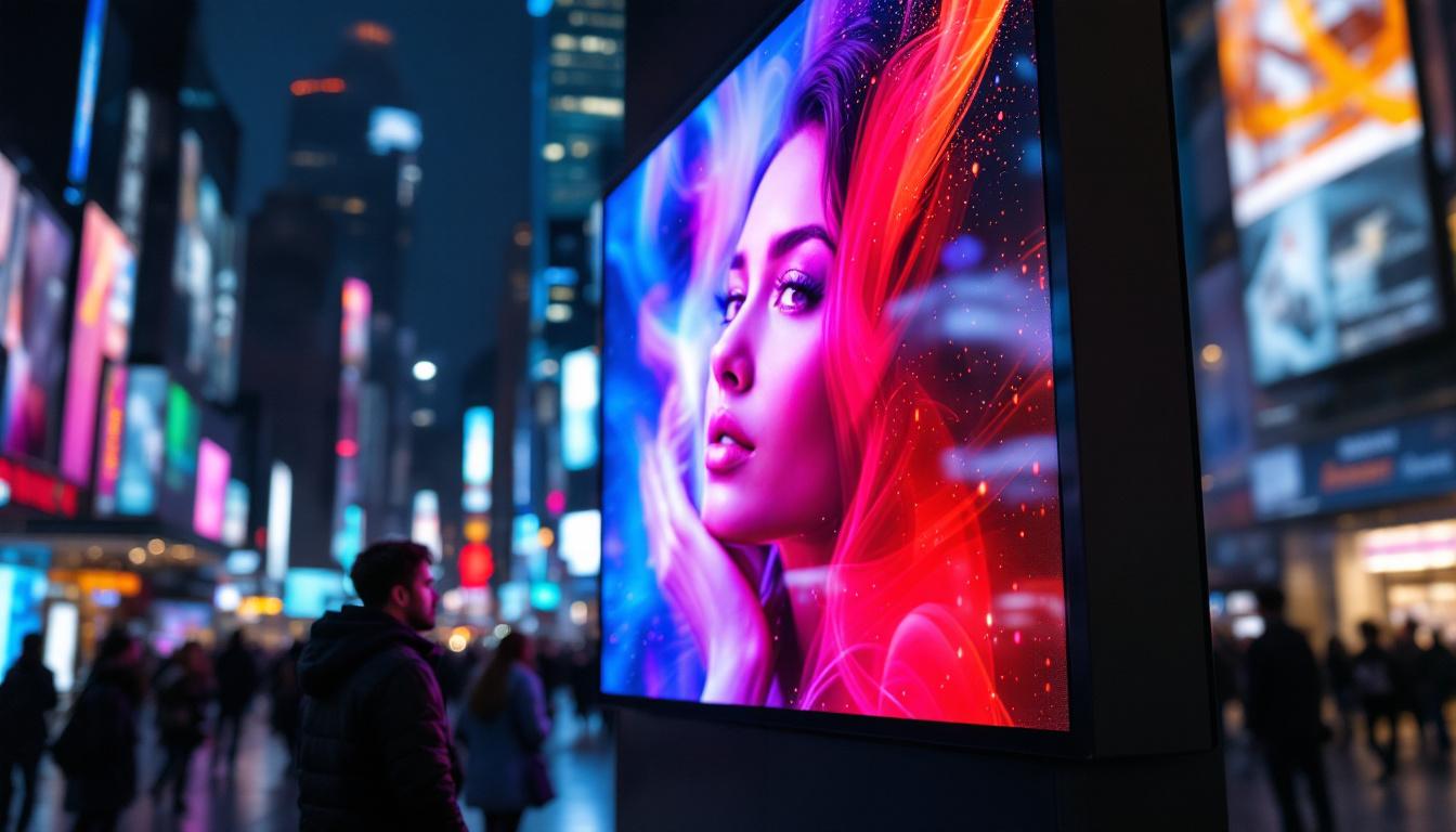 A photograph of a vibrant led display in a bustling urban environment