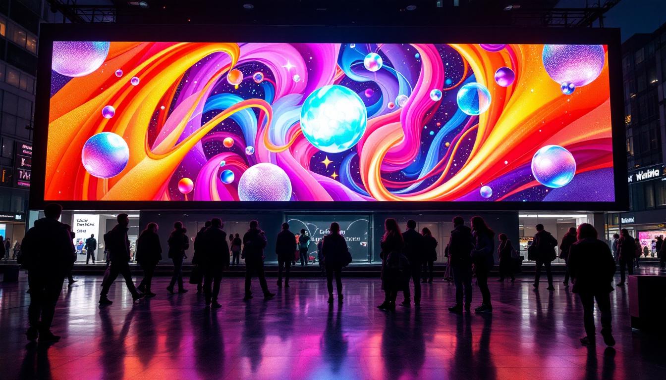 A photograph of a vibrant led display in an urban setting