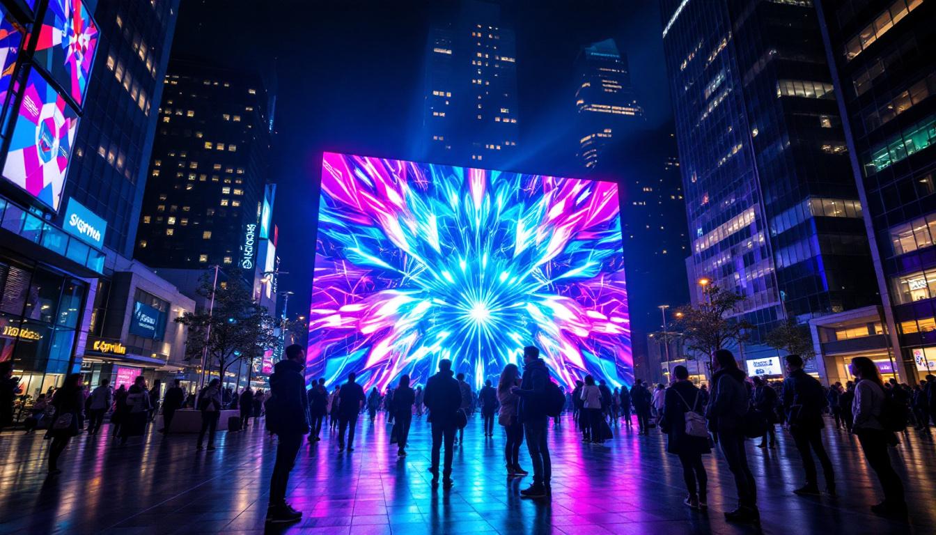 A photograph of a vibrant led display in a dynamic urban setting