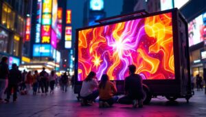 A photograph of capture a photograph of a vibrant mobile led sign in action