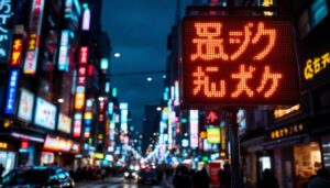 A photograph of a vibrant tokyo street scene featuring a prominent led display street sign