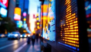 A photograph of capture a photograph of a vibrant outdoor led sign in action