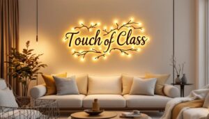 A photograph of a stylish living room featuring the touch of class led wall decor prominently displayed