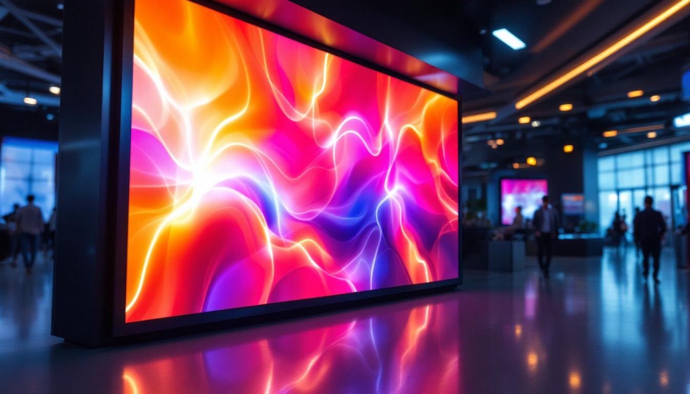 A photograph of a vibrant led display screen in a bustling business environment