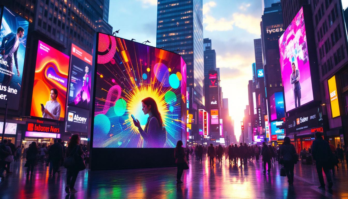 A photograph of a vibrant led display in a bustling urban environment