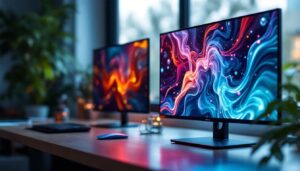 A photograph of a side-by-side comparison of an lcd screen and an led display