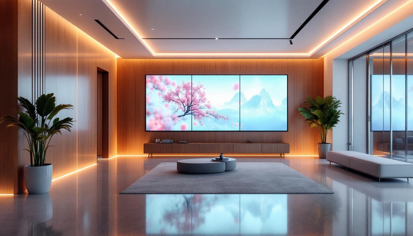 A photograph of a modern interior featuring thin led display boards integrated into the walls